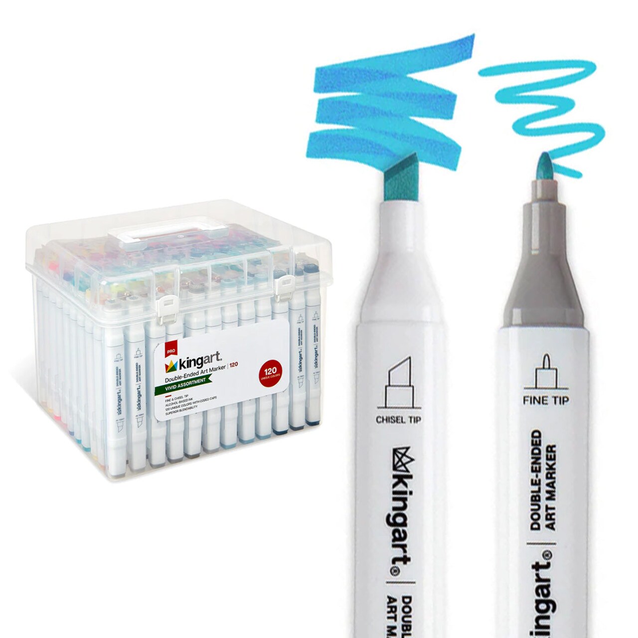 KINGART® PRO Double-Ended Art Alcohol Markers, 120 Colors with Both Fine & Chisel Tips and Superior Blendability